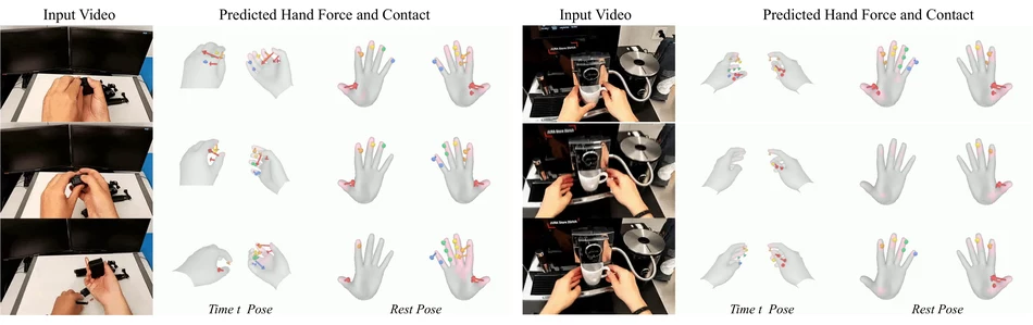 From RGB video to hand-object force and contact: input frames beside predicted contact and force on the hand mesh, shown at the posed and rest pose.